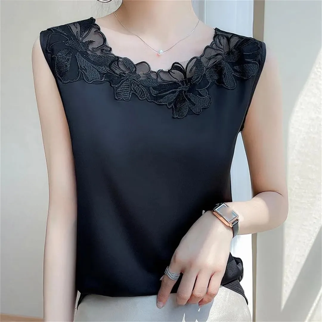 Lace O-Neck Silk Camisole Women Satin Bottoming Shirt Summer Vest Sleeveless Top Basic Tank Shirt