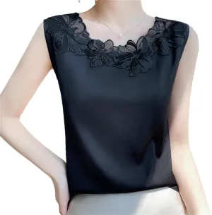Lace O-Neck Silk Camisole Women Satin Bottoming Shirt Summer Vest Sleeveless Top Basic Tank Shirt