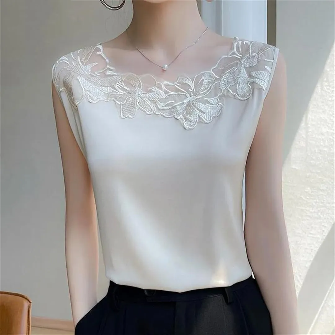 Lace O-Neck Silk Camisole Women Satin Bottoming Shirt Summer Vest Sleeveless Top Basic Tank Shirt
