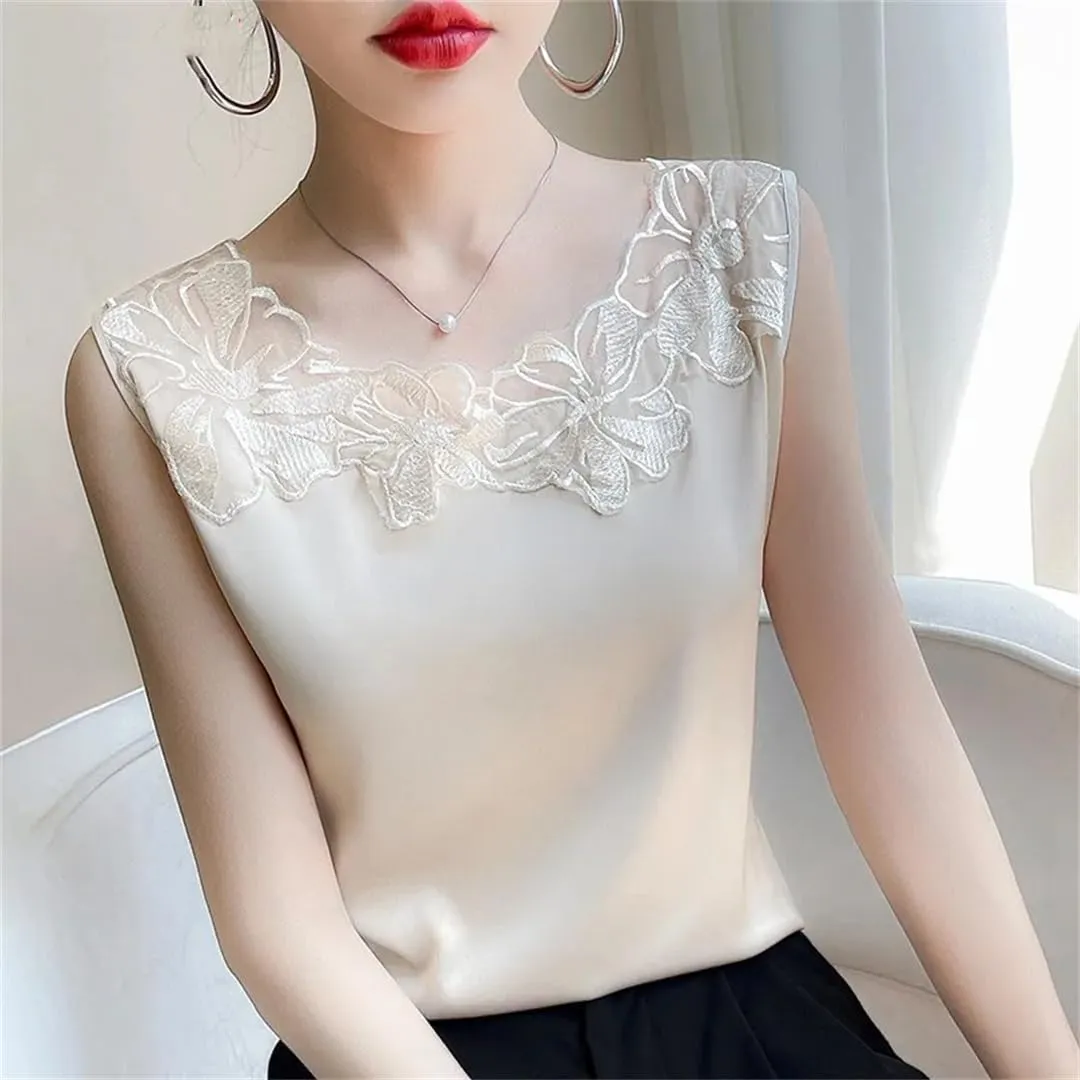Lace O-Neck Silk Camisole Women Satin Bottoming Shirt Summer Vest Sleeveless Top Basic Tank Shirt