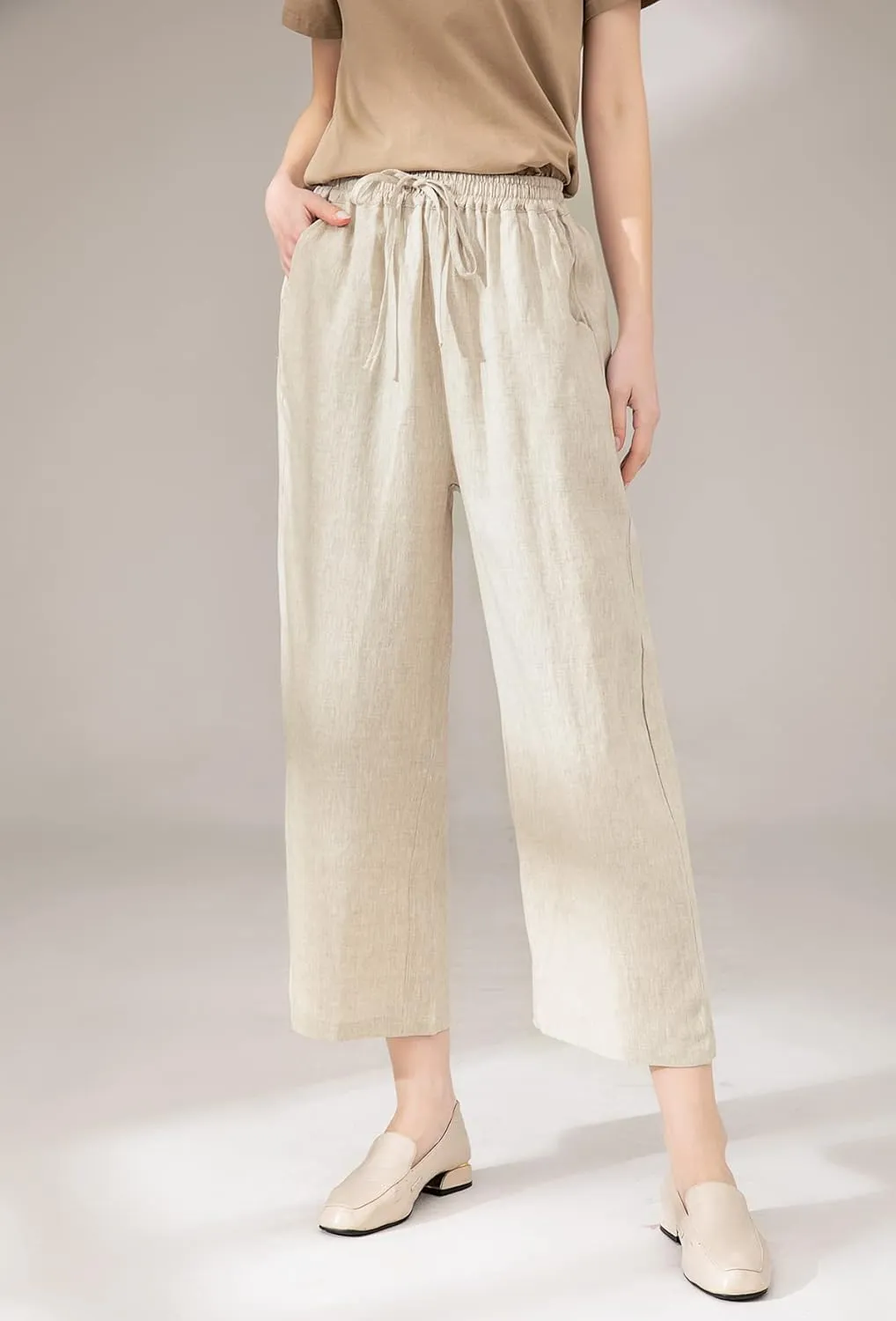 LaovanIn Women's Wide Leg Palazzo Pants Linen Drawstring Cropped Pants Trousers Culottes