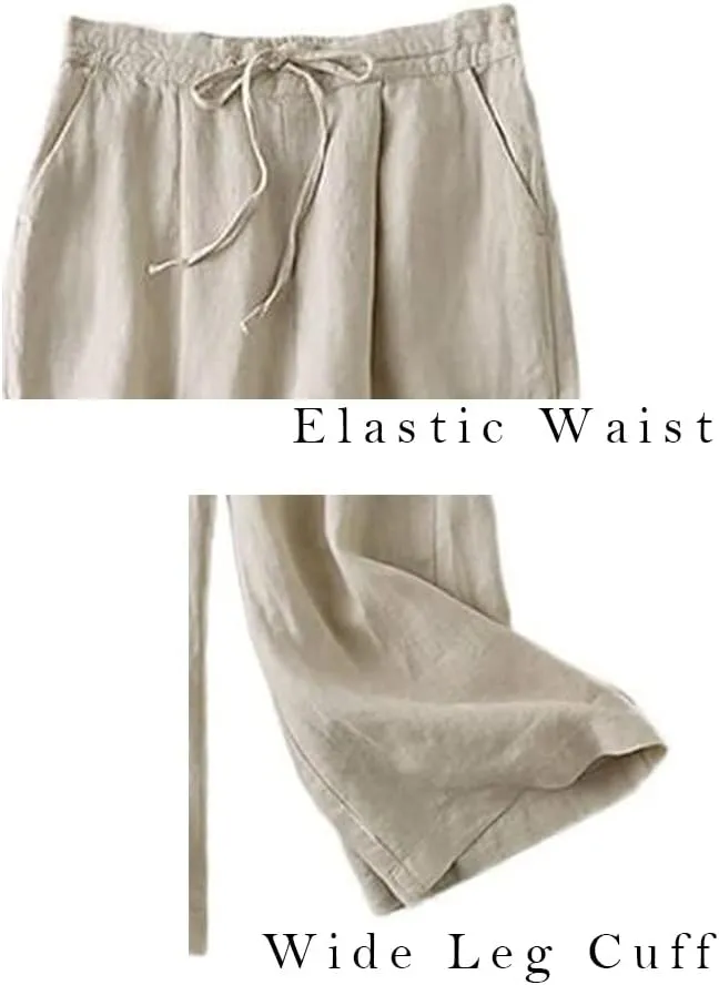 LaovanIn Women's Wide Leg Palazzo Pants Linen Drawstring Cropped Pants Trousers Culottes