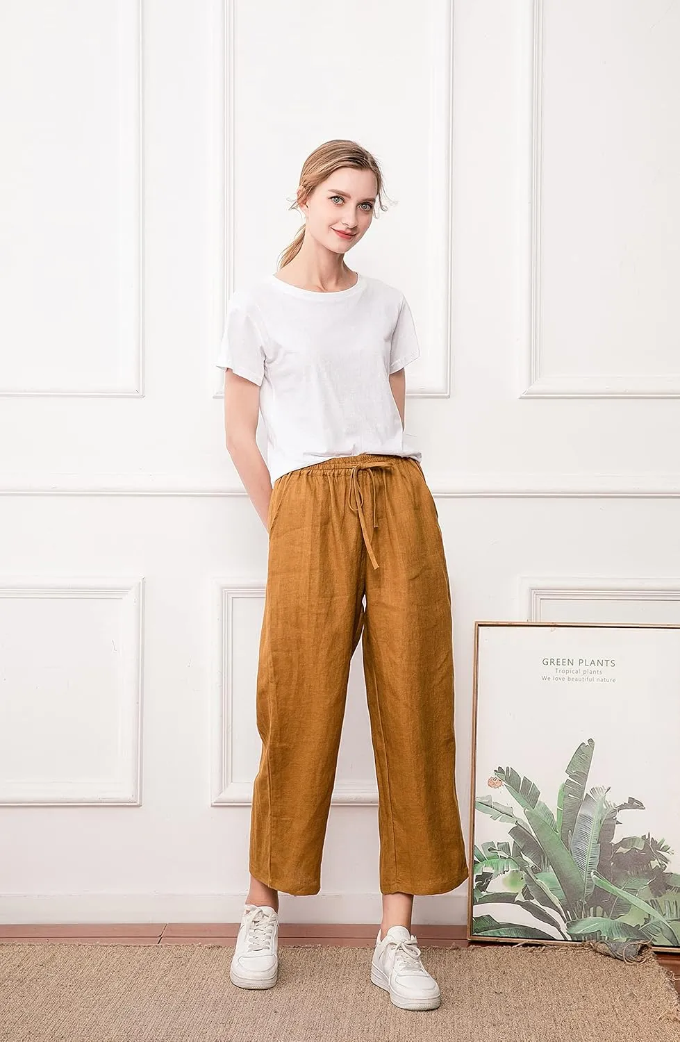 LaovanIn Women's Wide Leg Palazzo Pants Linen Drawstring Cropped Pants Trousers Culottes