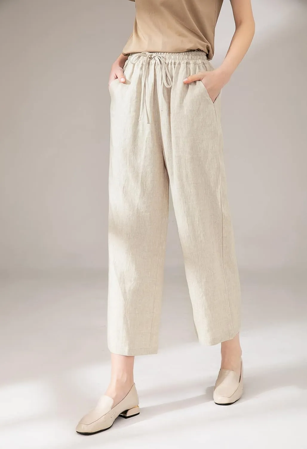 LaovanIn Women's Wide Leg Palazzo Pants Linen Drawstring Cropped Pants Trousers Culottes