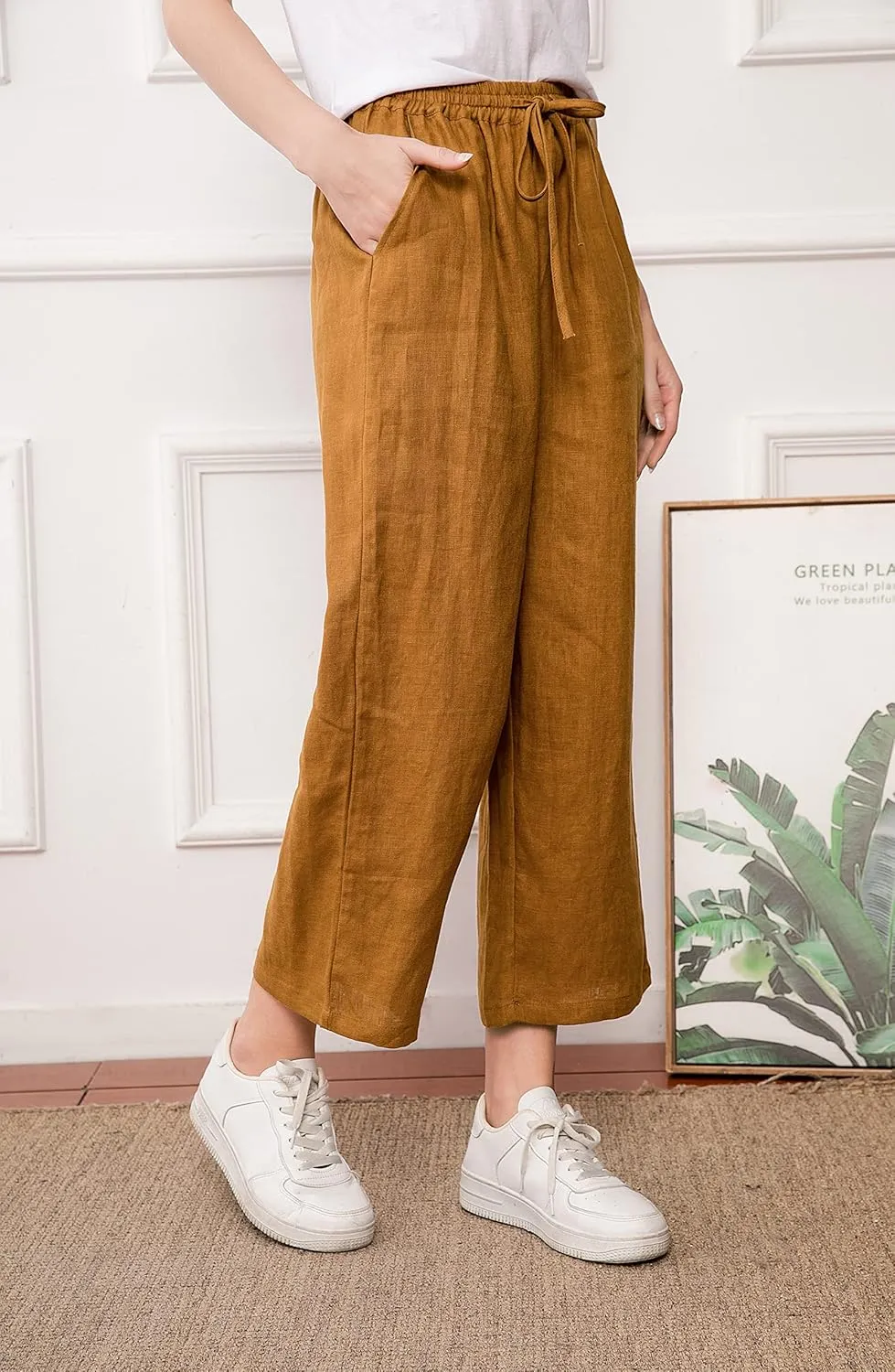 LaovanIn Women's Wide Leg Palazzo Pants Linen Drawstring Cropped Pants Trousers Culottes