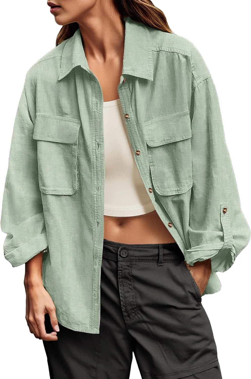 Lepunuo Womens Shacket Long Sleeve Shirt Jacket Button Down Linen Roll-up 3/4 Sleeves Shirts Blouses Tops Streetwear