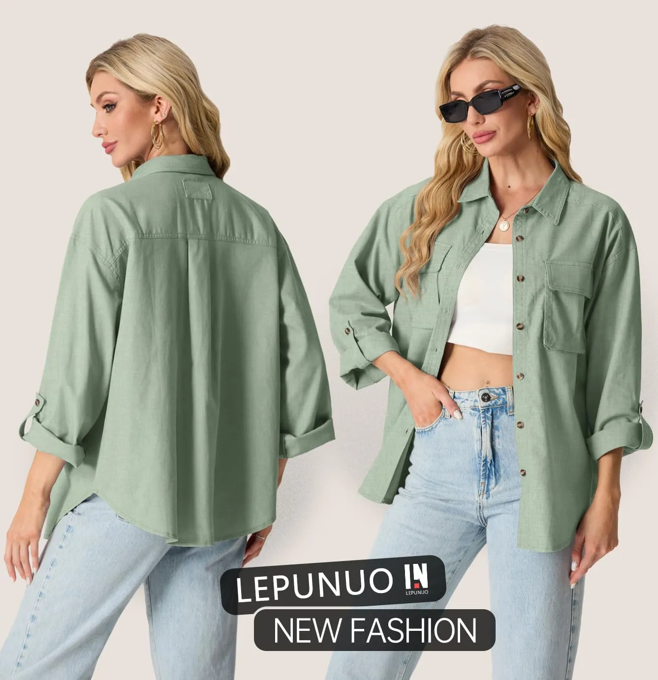 Lepunuo Womens Shacket Long Sleeve Shirt Jacket Button Down Linen Roll-up 3/4 Sleeves Shirts Blouses Tops Streetwear