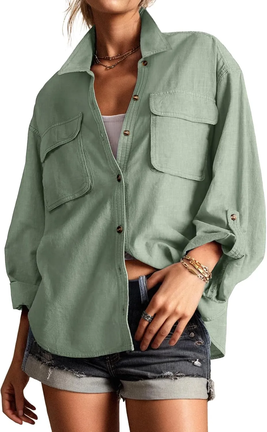 Lepunuo Womens Shacket Long Sleeve Shirt Jacket Button Down Linen Roll-up 3/4 Sleeves Shirts Blouses Tops Streetwear
