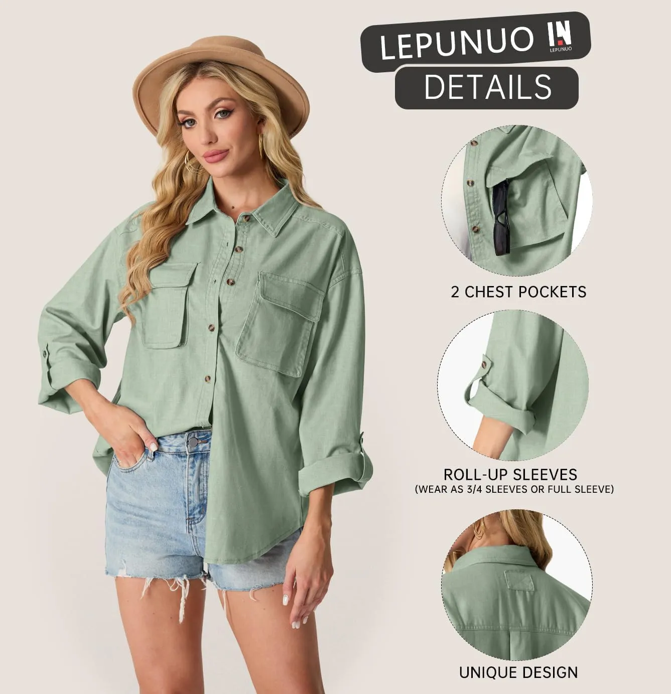 Lepunuo Womens Shacket Long Sleeve Shirt Jacket Button Down Linen Roll-up 3/4 Sleeves Shirts Blouses Tops Streetwear