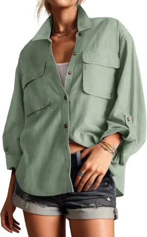 Lepunuo Womens Shacket Long Sleeve Shirt Jacket Button Down Linen Roll-up 3/4 Sleeves Shirts Blouses Tops Streetwear