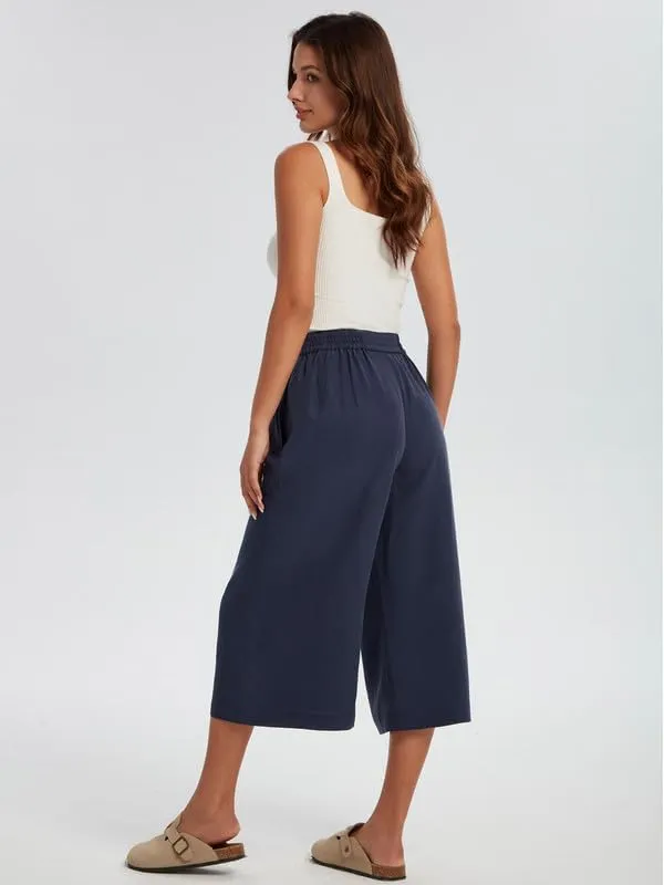 Les umes Women Linen Pants Summer Wide Leg Capri Pants High Waist Loose Cropped Lounge Trousers Culottes