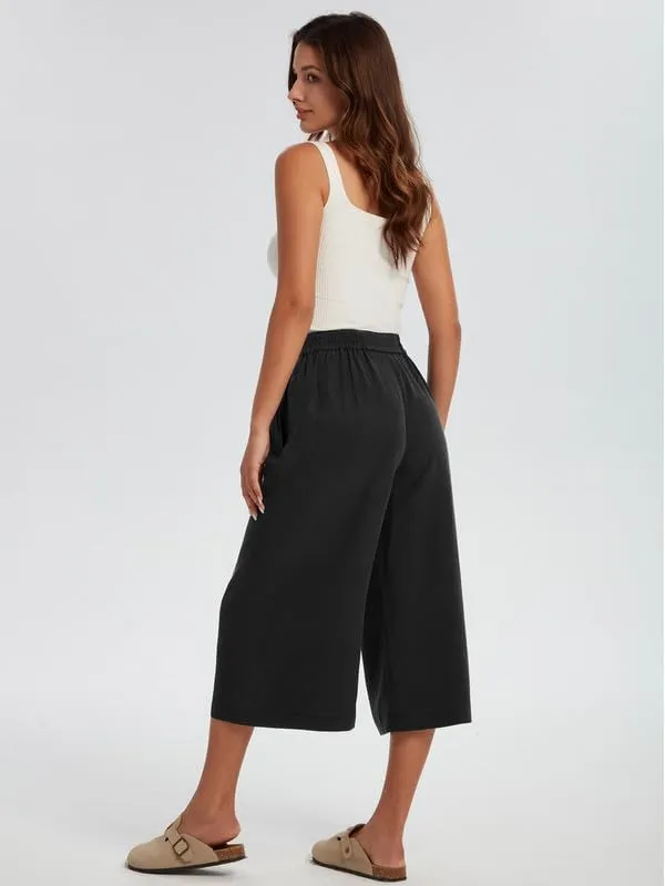 Les umes Women Linen Pants Summer Wide Leg Capri Pants High Waist Loose Cropped Lounge Trousers Culottes