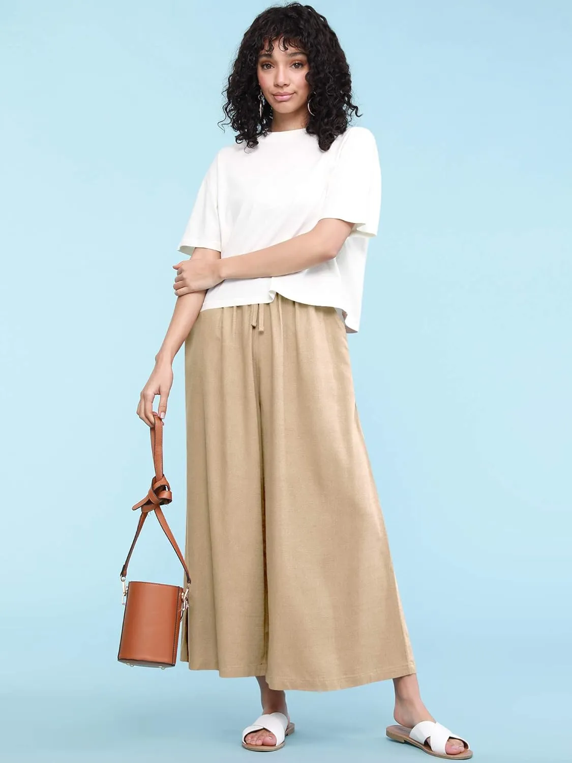 Lock and Love Women's Washed Linen Casual Loose Wide Leg Pants Pocket Pant with Draw String