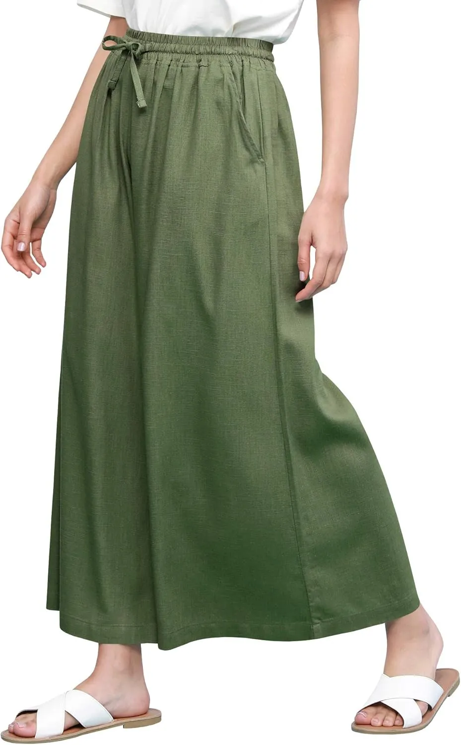 Lock and Love Women's Washed Linen Casual Loose Wide Leg Pants Pocket Pant with Draw String