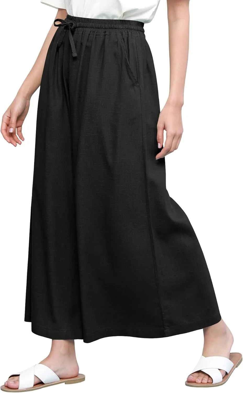Lock and Love Women's Washed Linen Casual Loose Wide Leg Pants Pocket Pant with Draw String