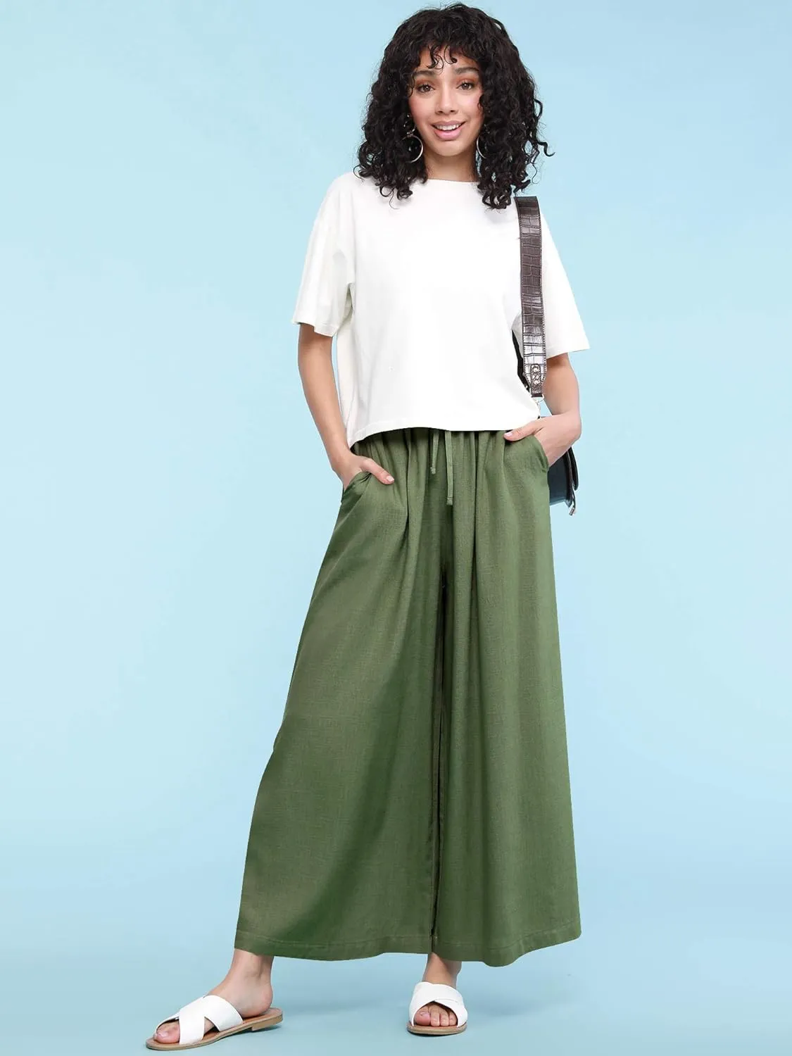 Lock and Love Women's Washed Linen Casual Loose Wide Leg Pants Pocket Pant with Draw String
