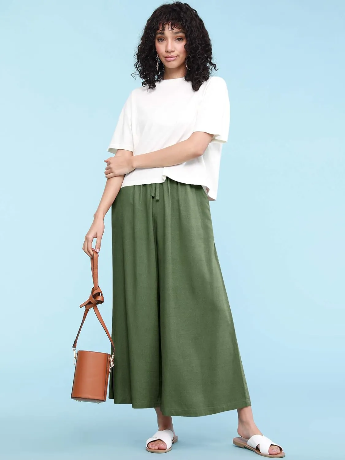 Lock and Love Women's Washed Linen Casual Loose Wide Leg Pants Pocket Pant with Draw String