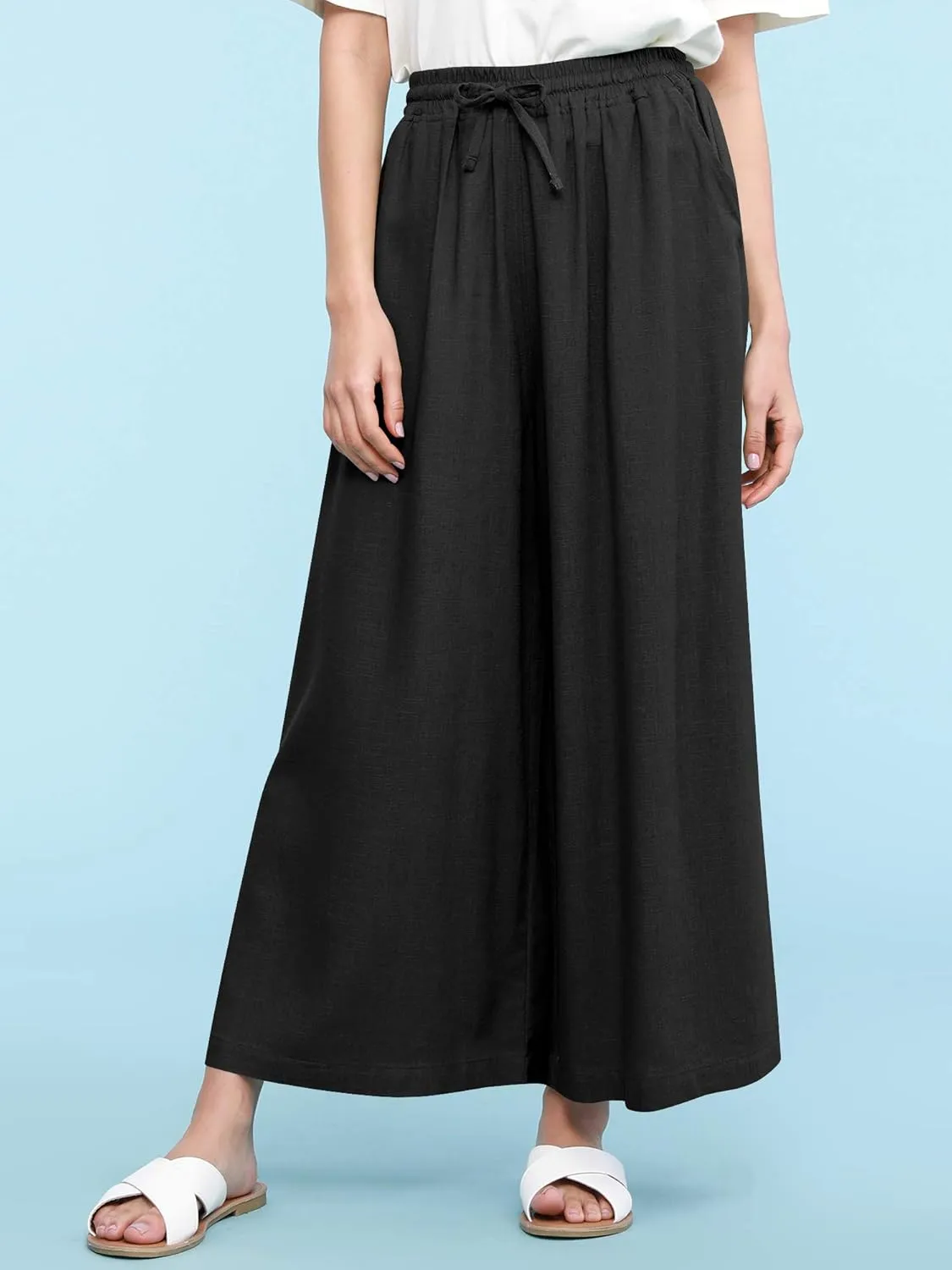 Lock and Love Women's Washed Linen Casual Loose Wide Leg Pants Pocket Pant with Draw String