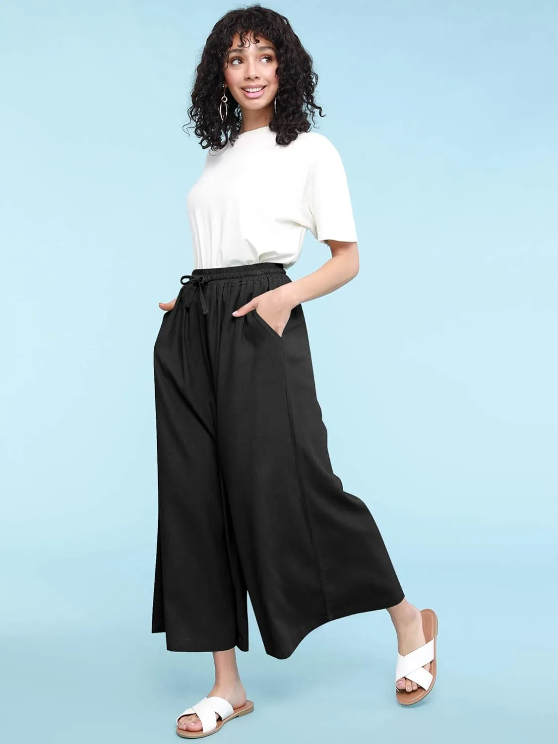 Lock and Love Women's Washed Linen Casual Loose Wide Leg Pants Pocket Pant with Draw String
