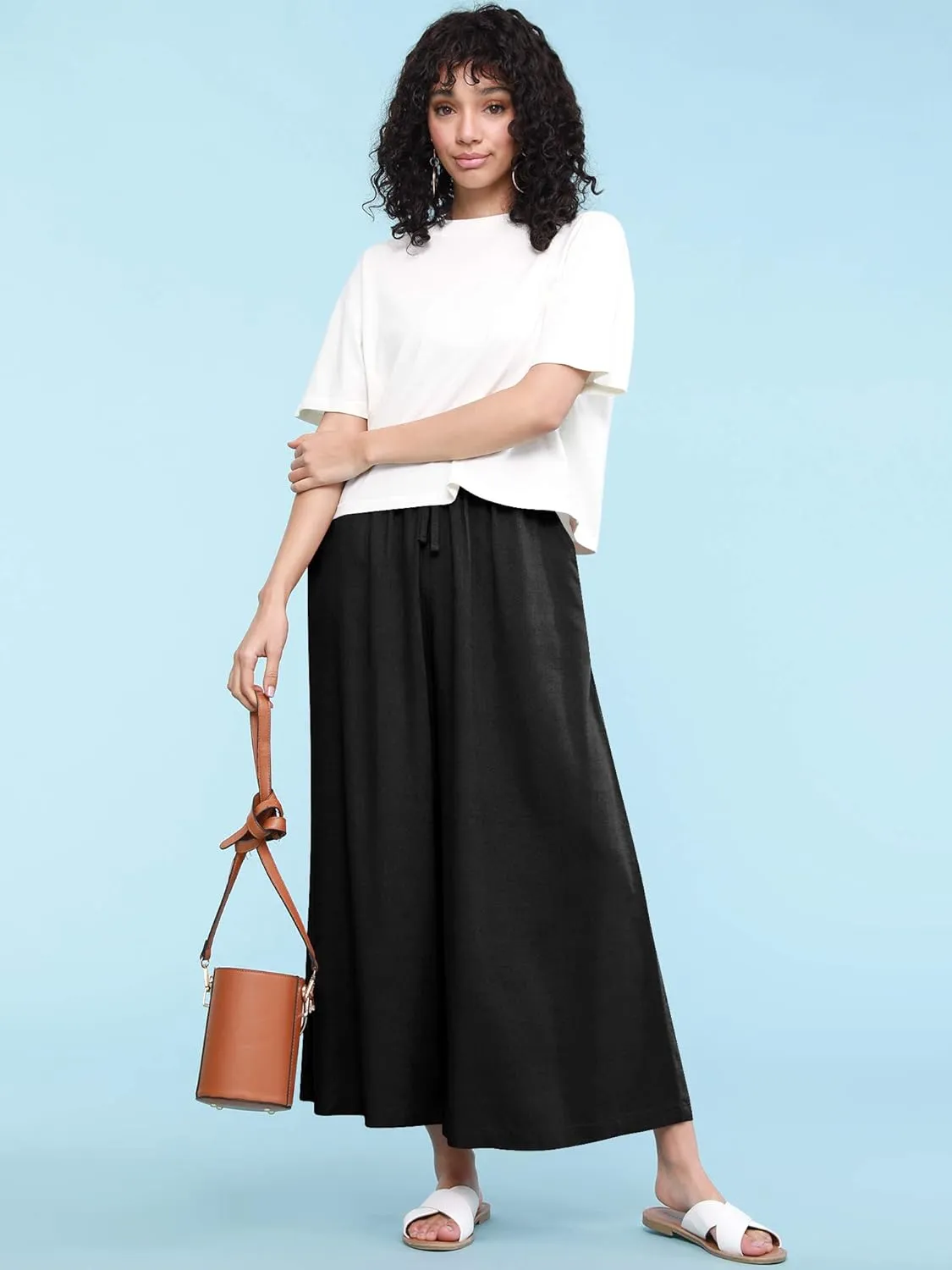 Lock and Love Women's Washed Linen Casual Loose Wide Leg Pants Pocket Pant with Draw String