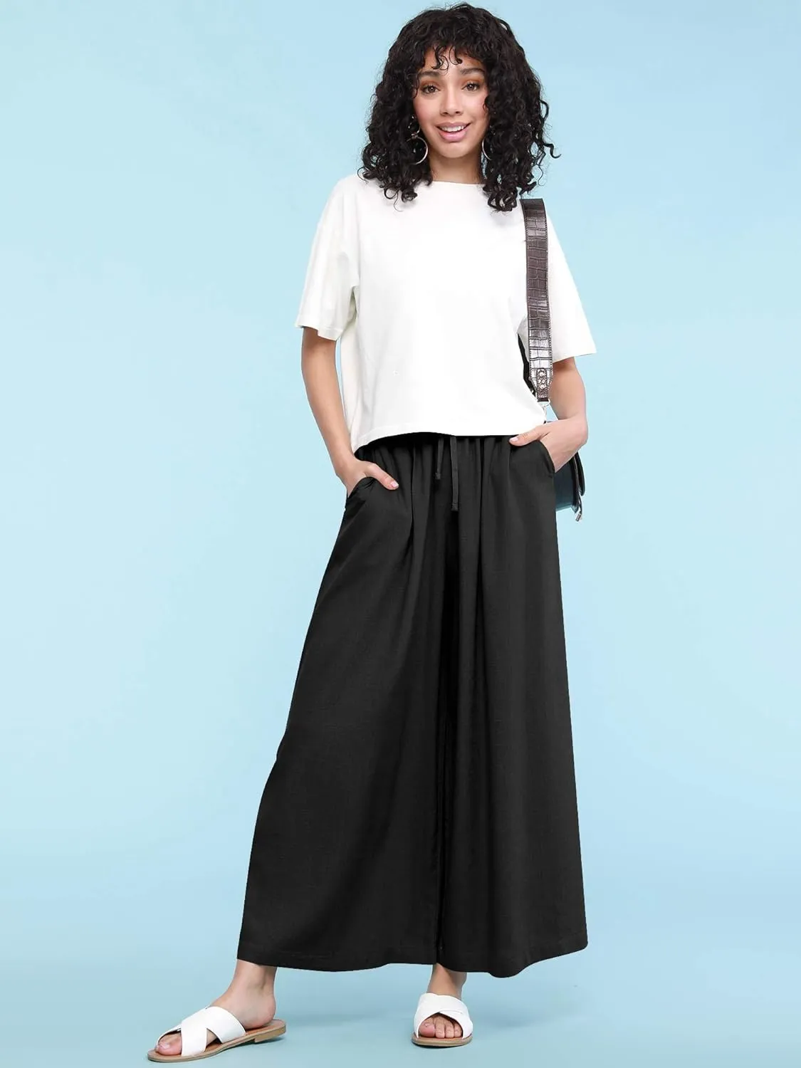 Lock and Love Women's Washed Linen Casual Loose Wide Leg Pants Pocket Pant with Draw String