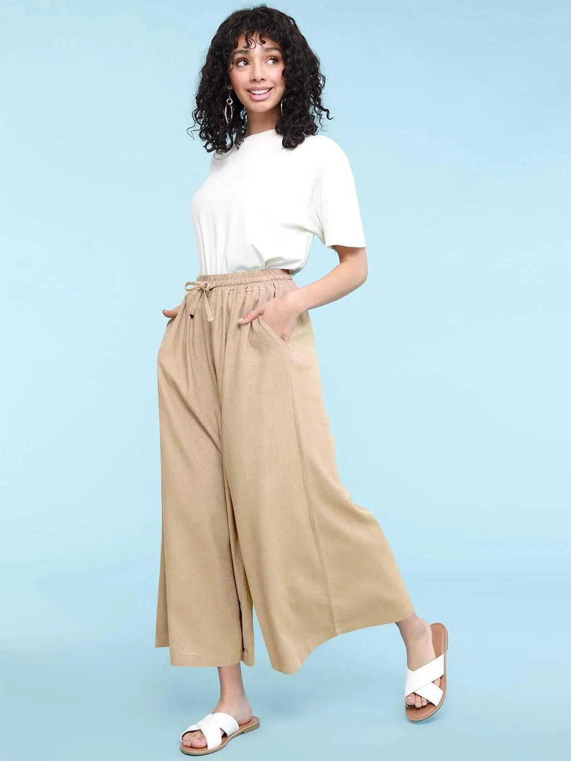 Lock and Love Women's Washed Linen Casual Loose Wide Leg Pants Pocket Pant with Draw String