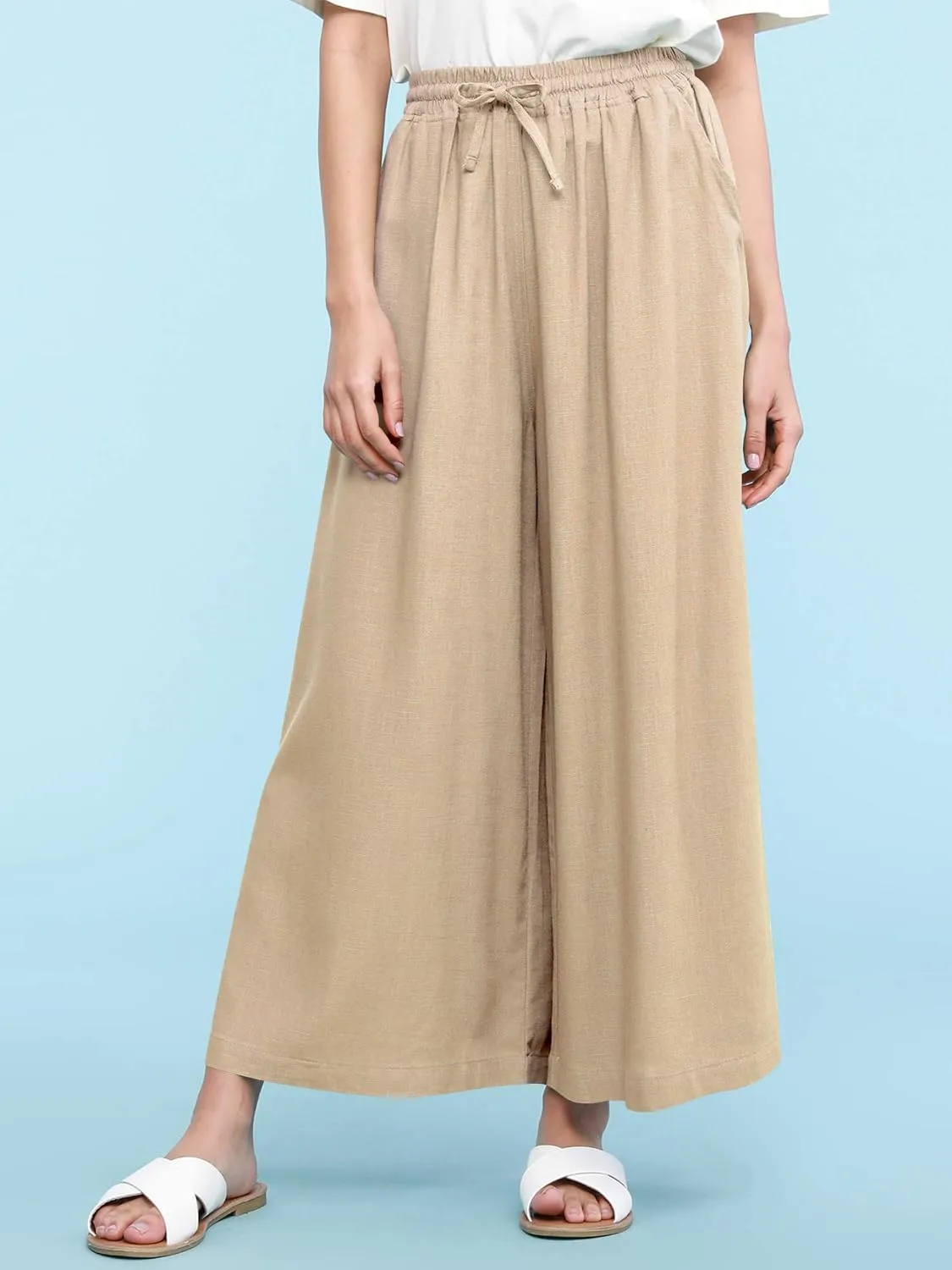 Lock and Love Women's Washed Linen Casual Loose Wide Leg Pants Pocket Pant with Draw String