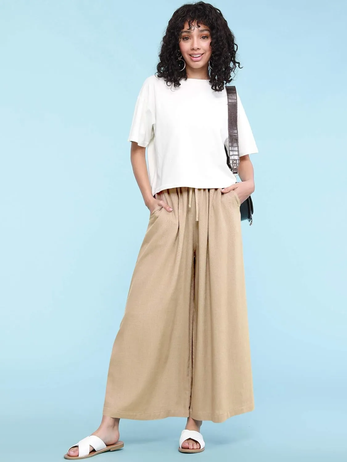 Lock and Love Women's Washed Linen Casual Loose Wide Leg Pants Pocket Pant with Draw String