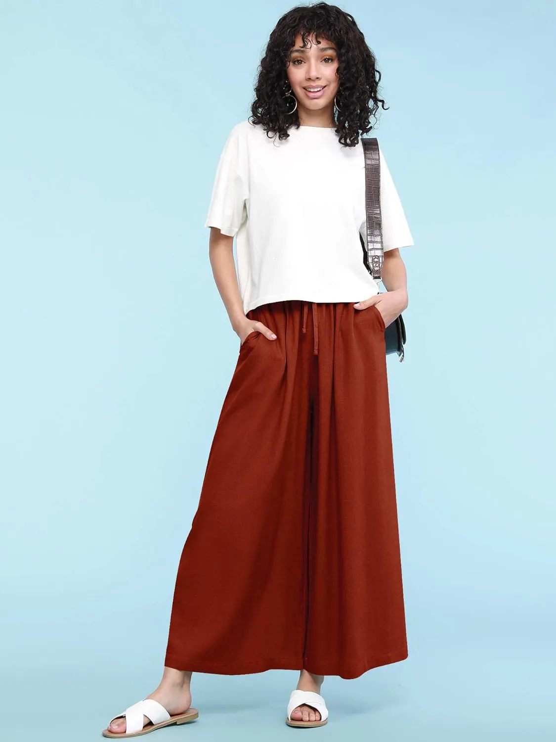 Lock and Love Women's Washed Linen Casual Loose Wide Leg Pants Pocket Pant with Draw String