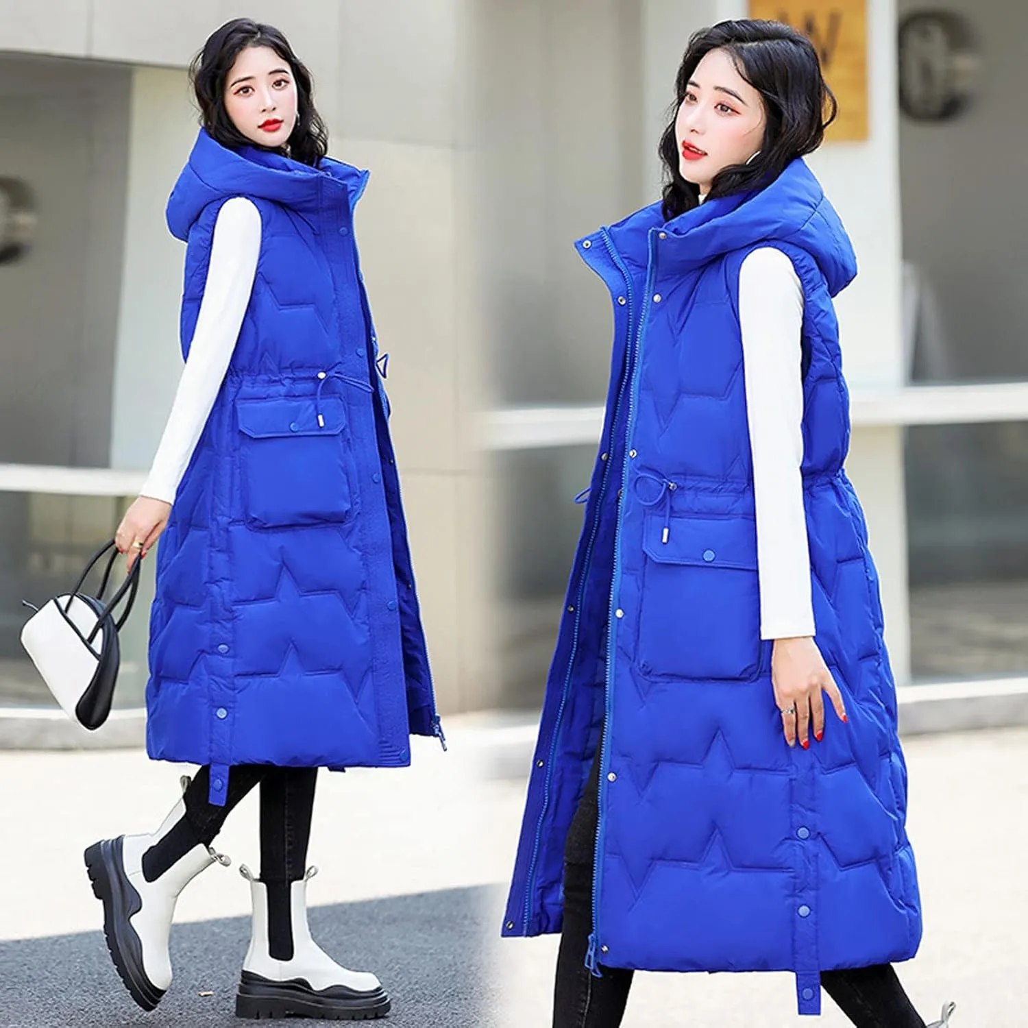 Long Puffer Vest for Women,2023 Winter Warm Puffy Zipper Sleeveless Oversized Fleece Plus Size Down Jacket Coat