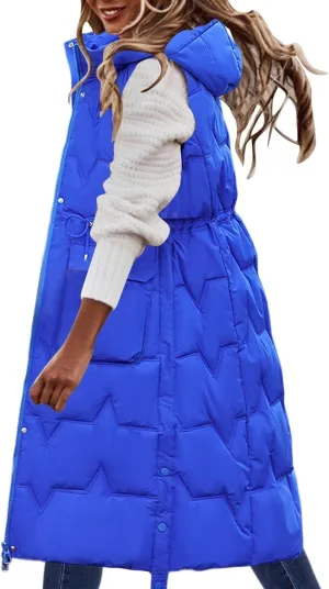 Long Puffer Vest for Women,2023 Winter Warm Puffy Zipper Sleeveless Oversized Fleece Plus Size Down Jacket Coat