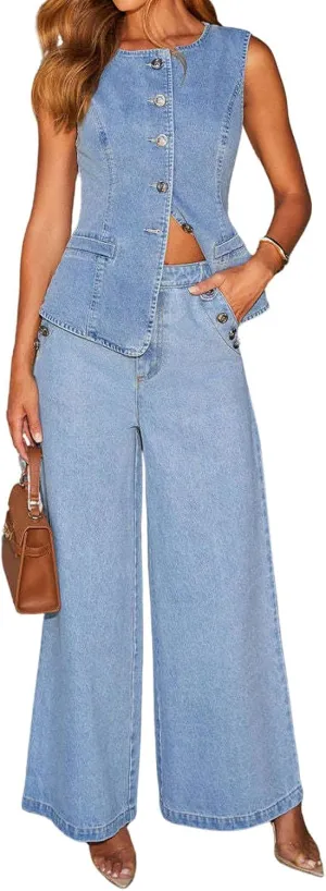 loveimgs Women 2 Piece Denim Set Button Sleeveless Jean Vest Denim Top Y2k Shirt Wide Leg Jeans Palazzo Pants Outfits
