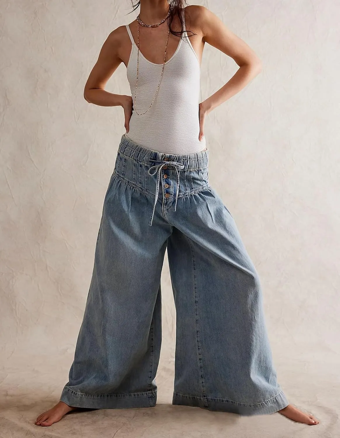 loveimgs Women Y2k Pleated Baggy Jeans Elastic Waist Wide Leg Denim Pants Palazzo Cargo Barrel Jeans Drawstring