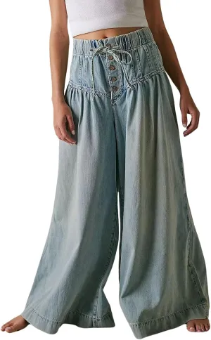 loveimgs Women Y2k Pleated Baggy Jeans Elastic Waist Wide Leg Denim Pants Palazzo Cargo Barrel Jeans Drawstring