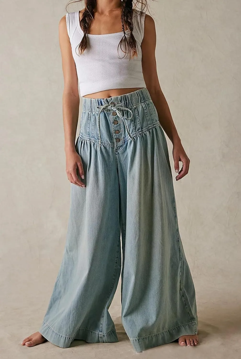 loveimgs Women Y2k Pleated Baggy Jeans Elastic Waist Wide Leg Denim Pants Palazzo Cargo Barrel Jeans Drawstring