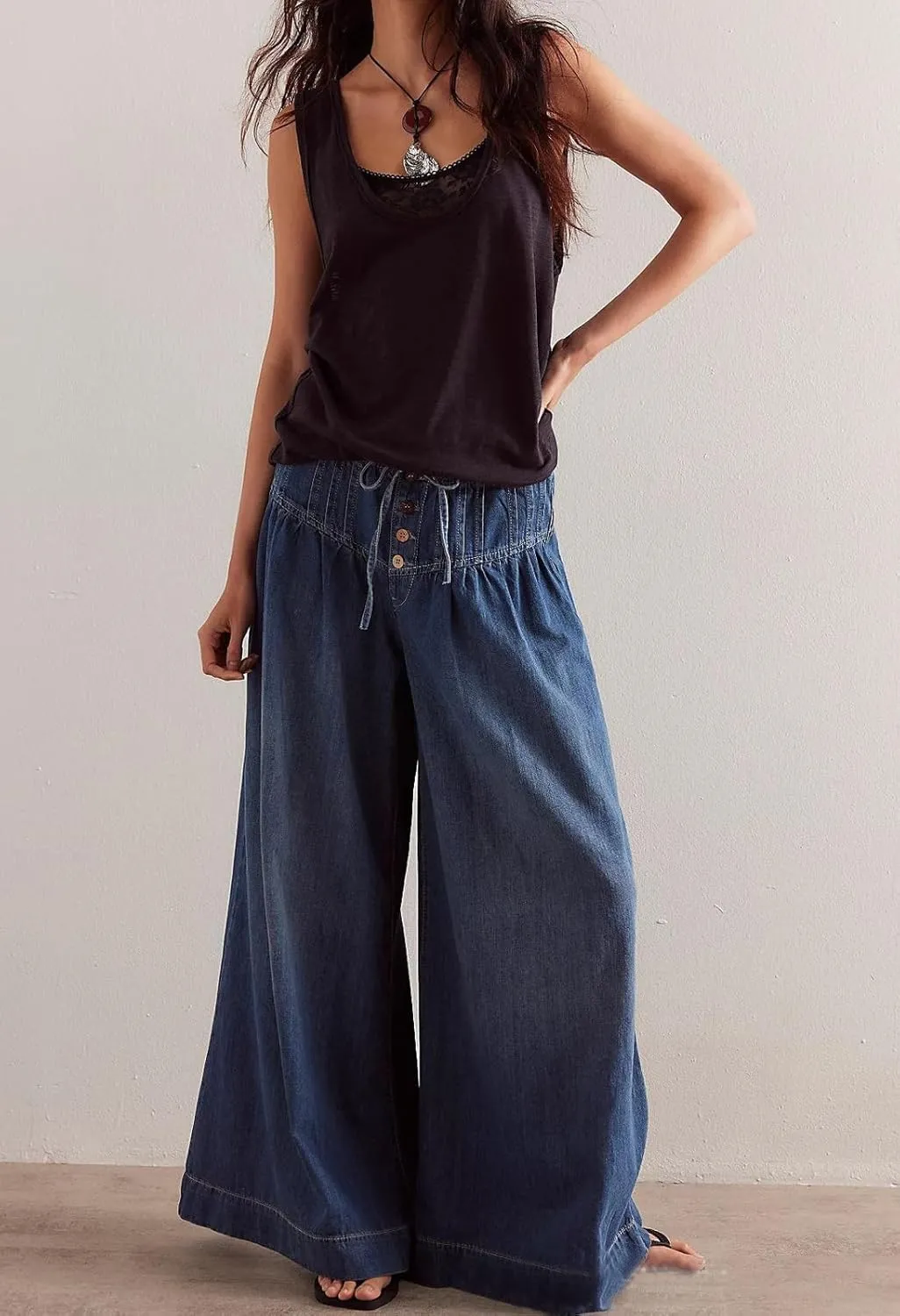 loveimgs Women Y2k Pleated Baggy Jeans Elastic Waist Wide Leg Denim Pants Palazzo Cargo Barrel Jeans Drawstring