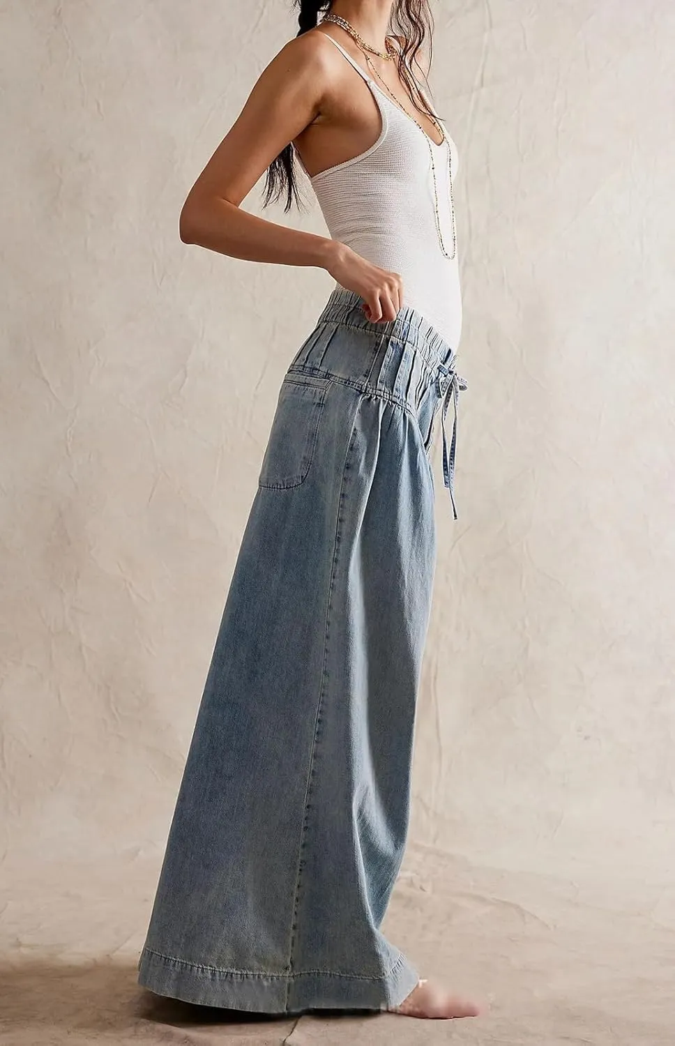 loveimgs Women Y2k Pleated Baggy Jeans Elastic Waist Wide Leg Denim Pants Palazzo Cargo Barrel Jeans Drawstring