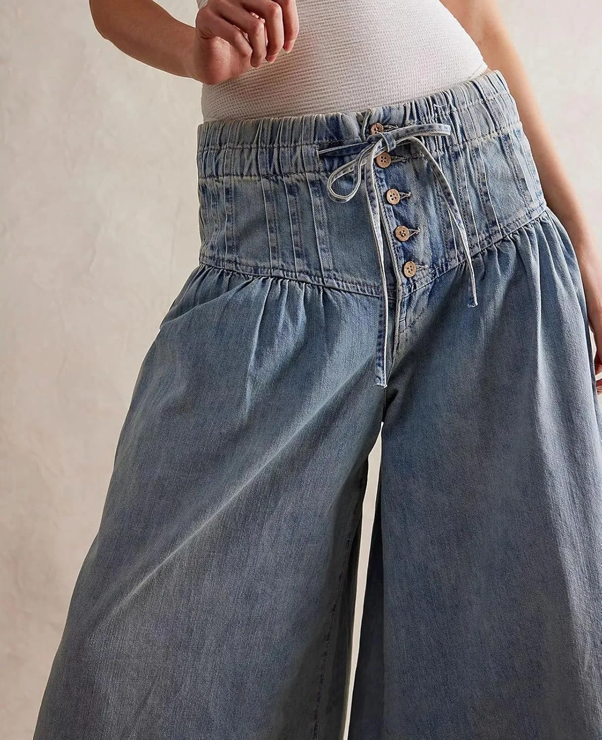 loveimgs Women Y2k Pleated Baggy Jeans Elastic Waist Wide Leg Denim Pants Palazzo Cargo Barrel Jeans Drawstring