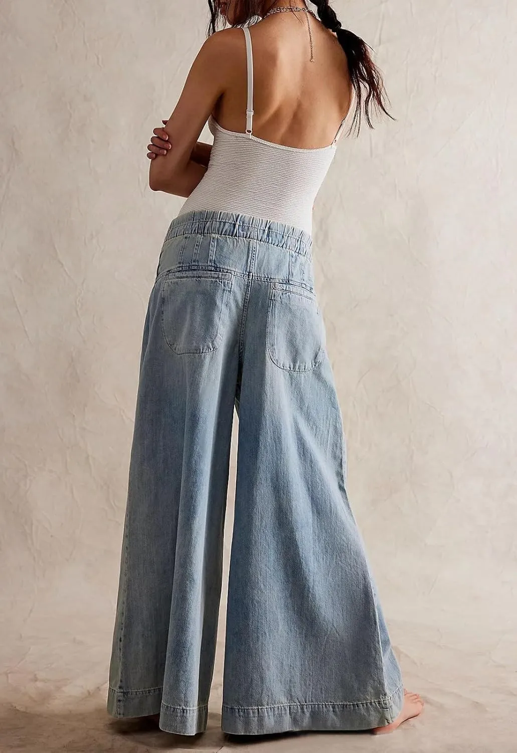 loveimgs Women Y2k Pleated Baggy Jeans Elastic Waist Wide Leg Denim Pants Palazzo Cargo Barrel Jeans Drawstring