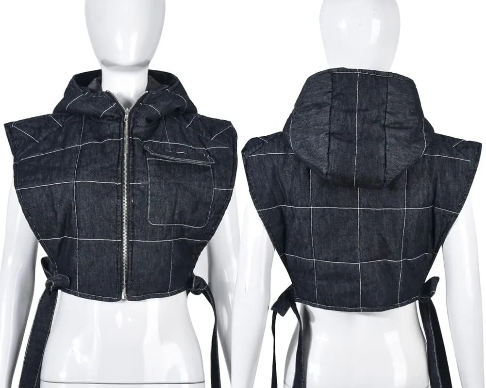 LROSEY Women's Denim Cropped Puffer Vest Tie Sleeveless Zip Up Hoodies Bubble Coats