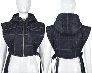 LROSEY Women's Denim Cropped Puffer Vest Tie Sleeveless Zip Up Hoodies Bubble Coats