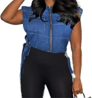 LROSEY Women's Denim Cropped Puffer Vest Tie Sleeveless Zip Up Hoodies Bubble Coats