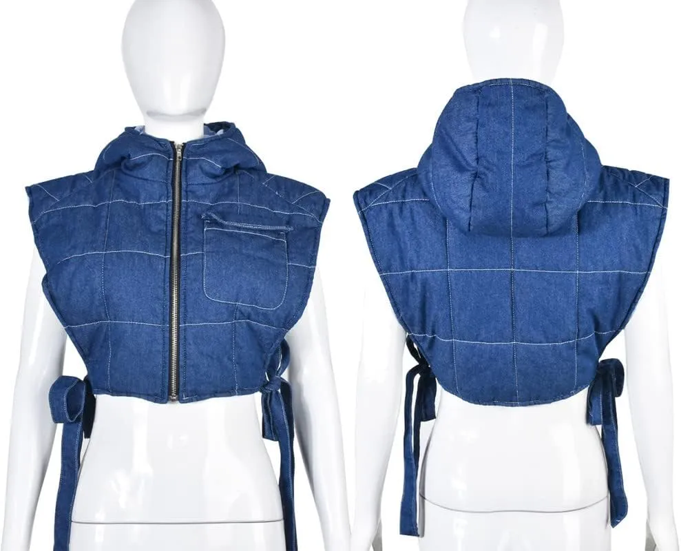 LROSEY Women's Denim Cropped Puffer Vest Tie Sleeveless Zip Up Hoodies Bubble Coats