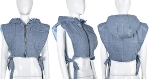 LROSEY Women's Denim Cropped Puffer Vest Tie Sleeveless Zip Up Hoodies Bubble Coats