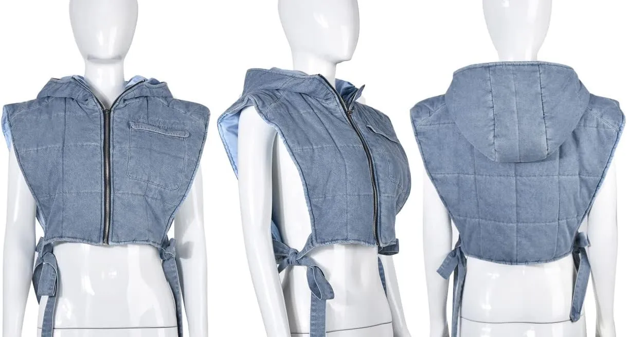 LROSEY Women's Denim Cropped Puffer Vest Tie Sleeveless Zip Up Hoodies Bubble Coats
