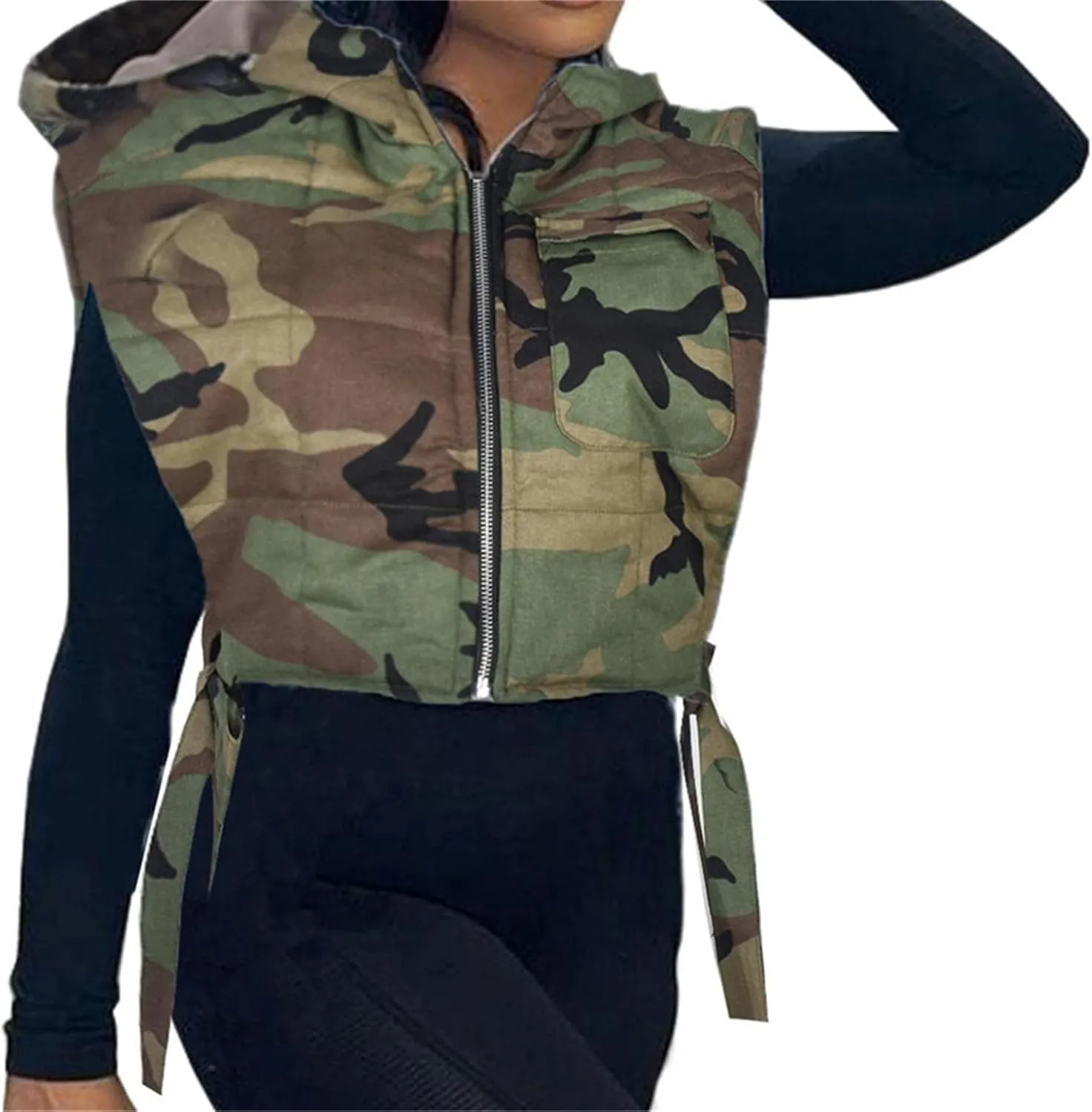 LROSEY Women's Denim Cropped Puffer Vest Tie Sleeveless Zip Up Hoodies Bubble Coats