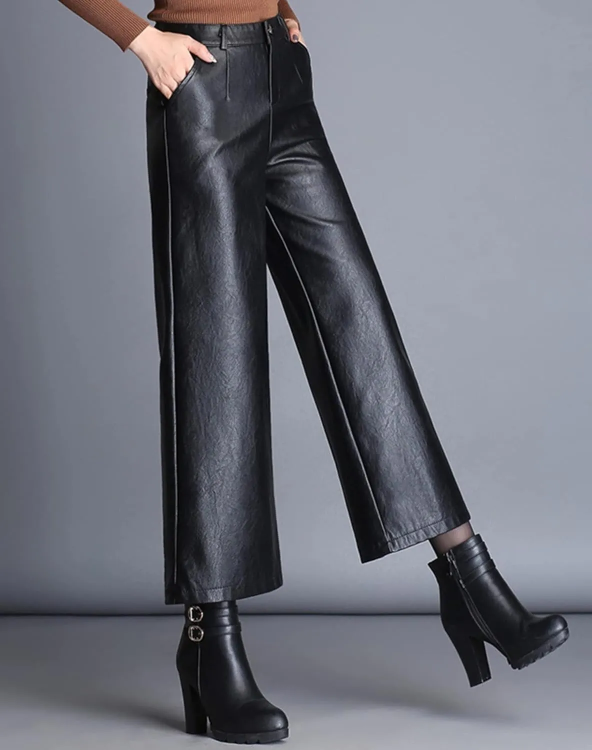 Lucrosun Women's High Waist Wide Leg PU Leather Palazzo Pants Culottes Black