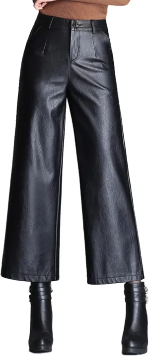Lucrosun Women's High Waist Wide Leg PU Leather Palazzo Pants Culottes Black