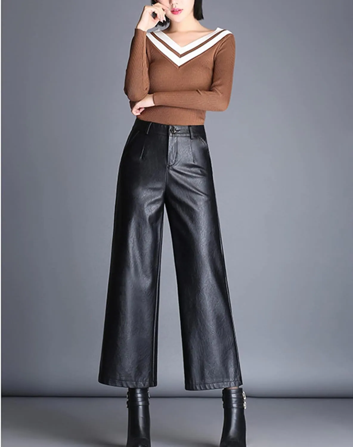 Lucrosun Women's High Waist Wide Leg PU Leather Palazzo Pants Culottes Black
