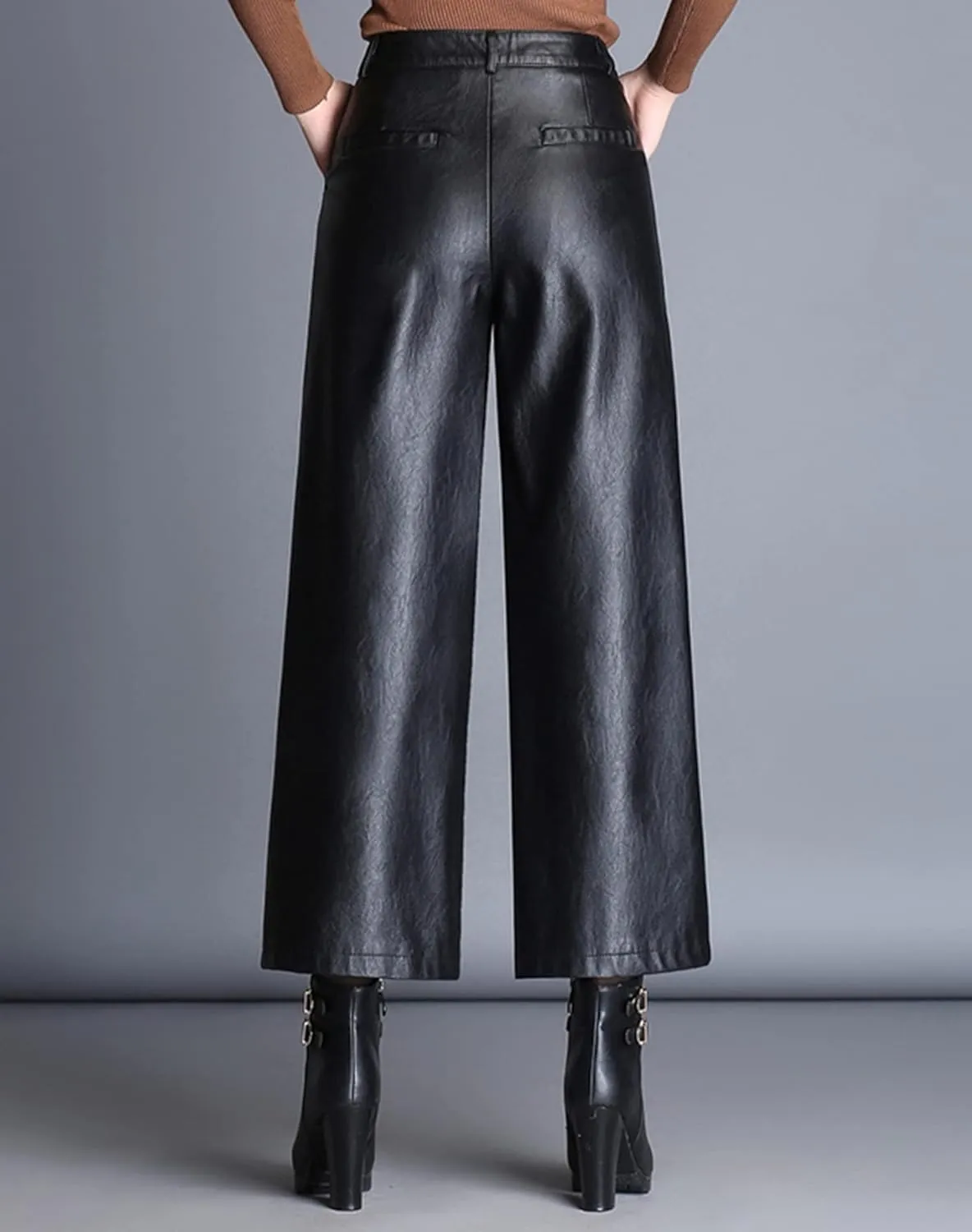 Lucrosun Women's High Waist Wide Leg PU Leather Palazzo Pants Culottes Black